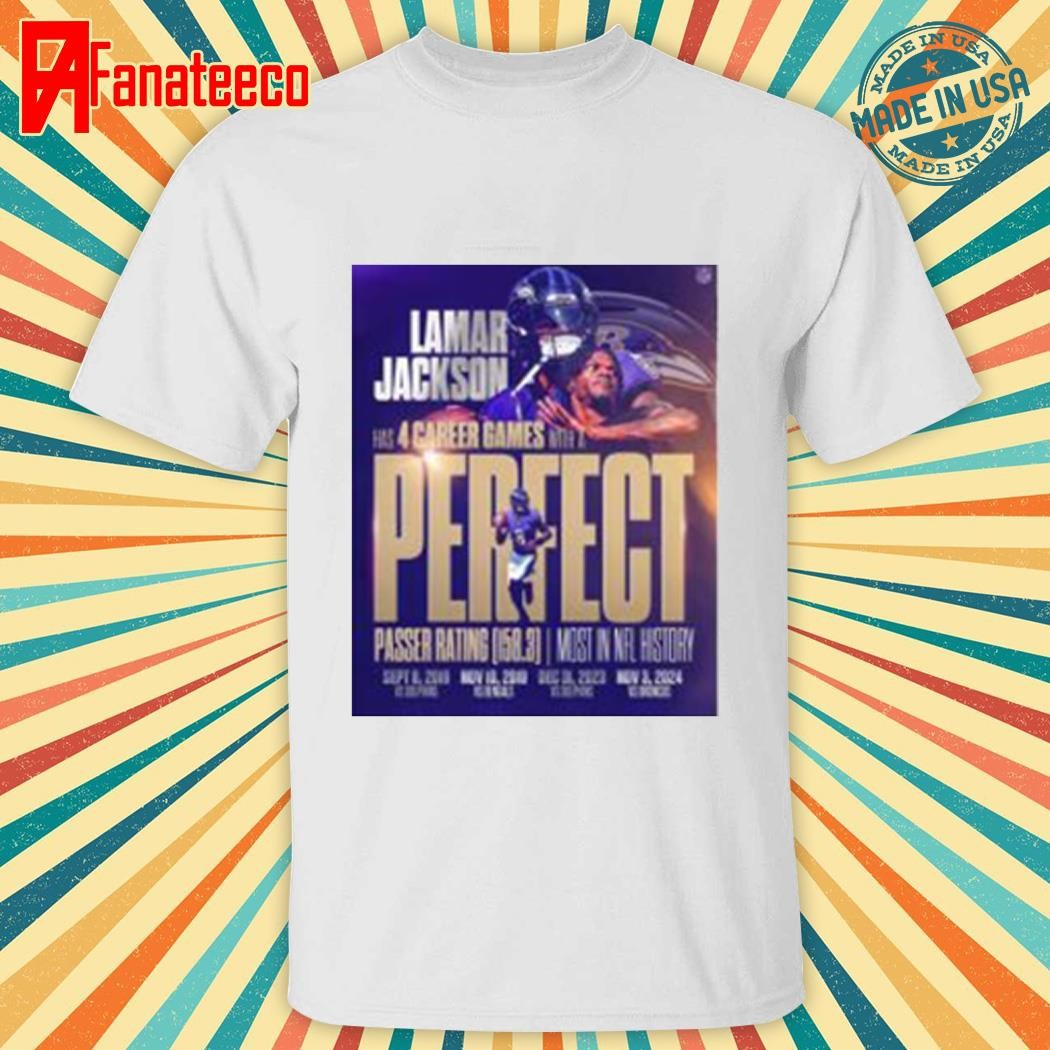 Premium Lamar Jackson Has 4 Career Games With A Perfect Passer Rating Mosi In NFL History Baltimore Ravens shirt